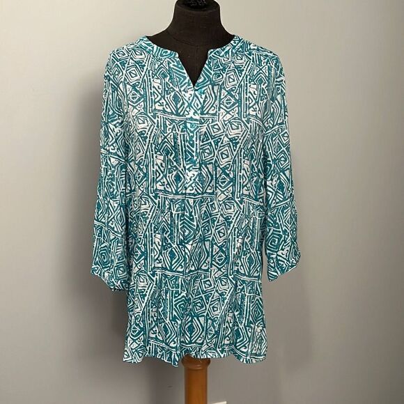 Women's N Touch Teal Tribal Patterned Blouse - Picture 1 of 10